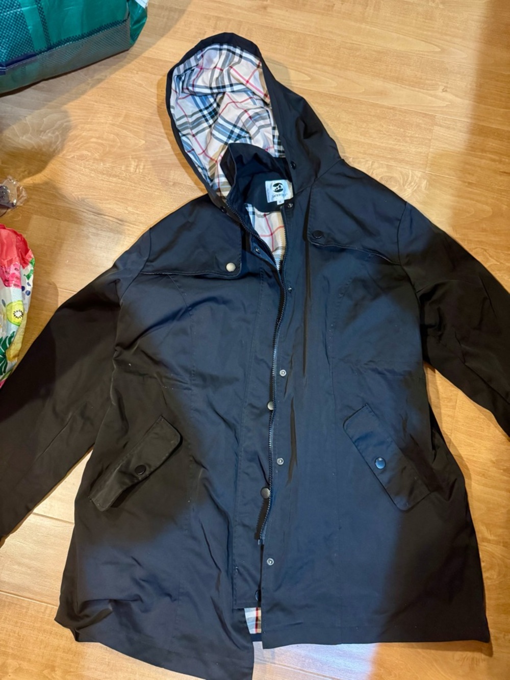 Black Trench Coat with Hood Jacket with Plaid Lining